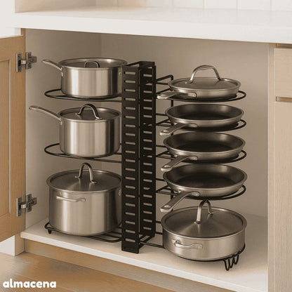 Organizador Metálico de Ollas y Sartenes de 8 Niveles – Orden Inteligente para Tu Cocina